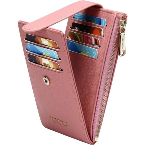 RFID Card Holder Wallet for Women Slim Wallets A-Lychee Pattern-Deep Pink - Picture 1 of 6